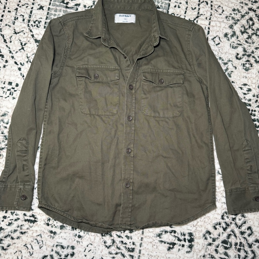 Old‎ Navy Boys Size M 8 Olive Green Cotton Long Sleeve Button Up Shirt Military